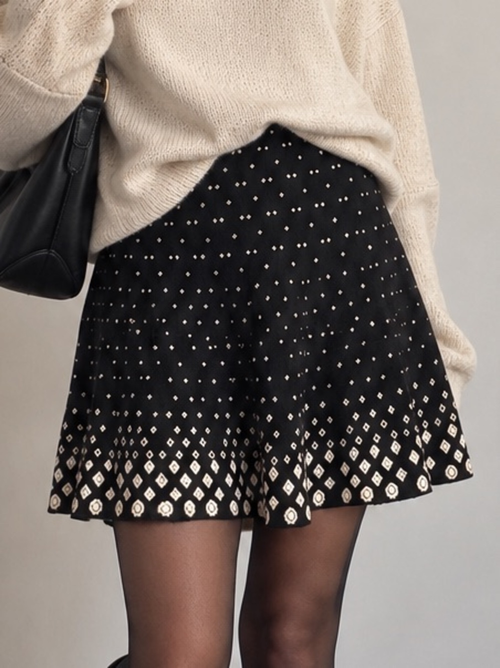 MAX STUDIO Black Knit Skater Skirt Geometric Border Print Y2K S/M